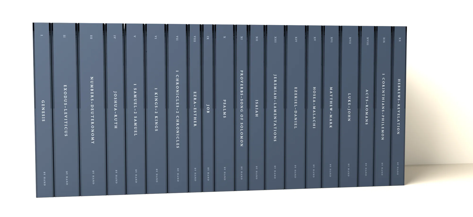 All twenty volumes of By Hand standing in a row, navy dust jackets with their titles on the spines, Genesis at the left and Hebrews to Revelation at the right.